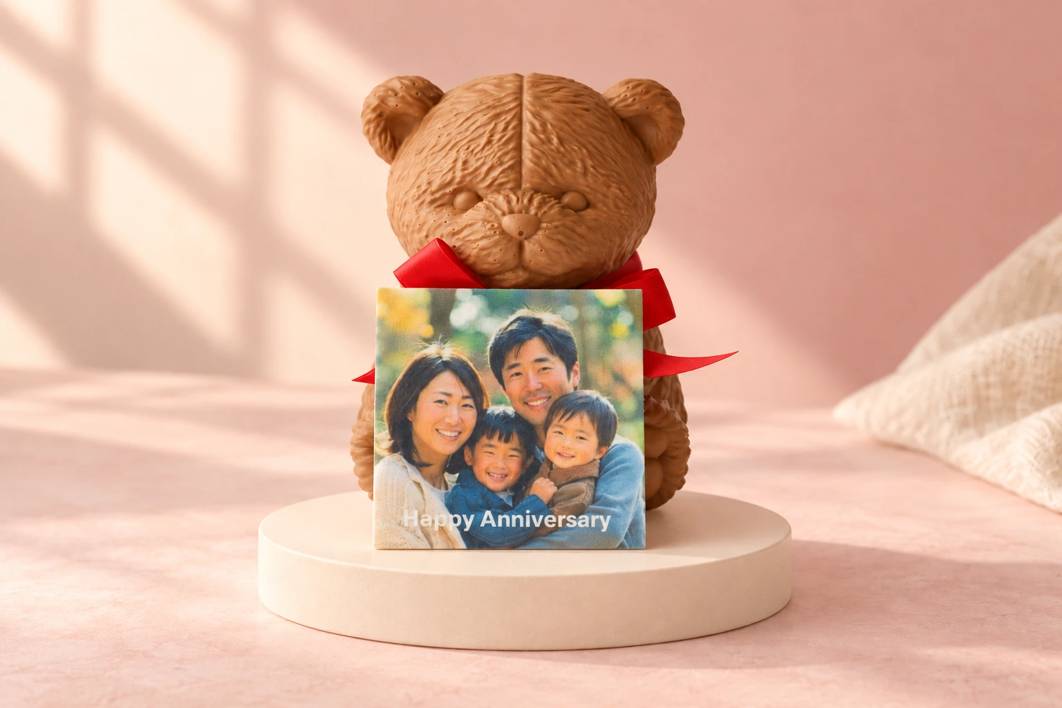 家族写真のプレートを持ち、赤いリボンをつけたクマ型ケーキ