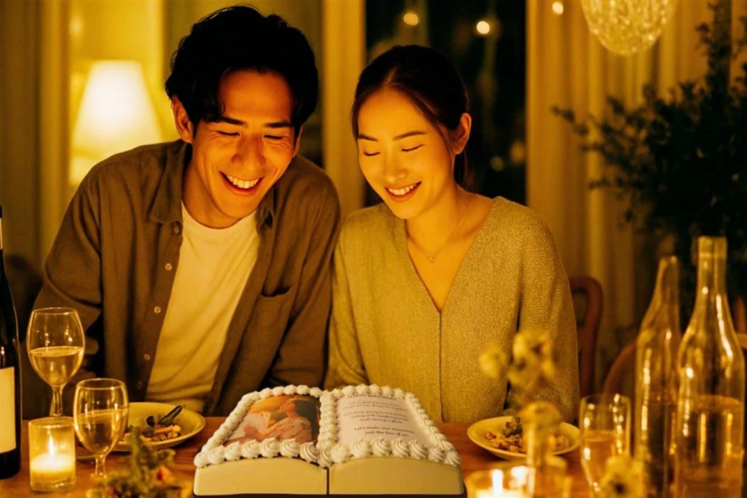 BOOK型ケーキを囲んで笑顔になる二人