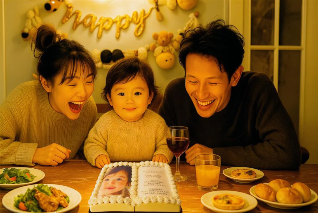 子どもの誕生日に、写真入りのBOOK型ケーキを囲む家族